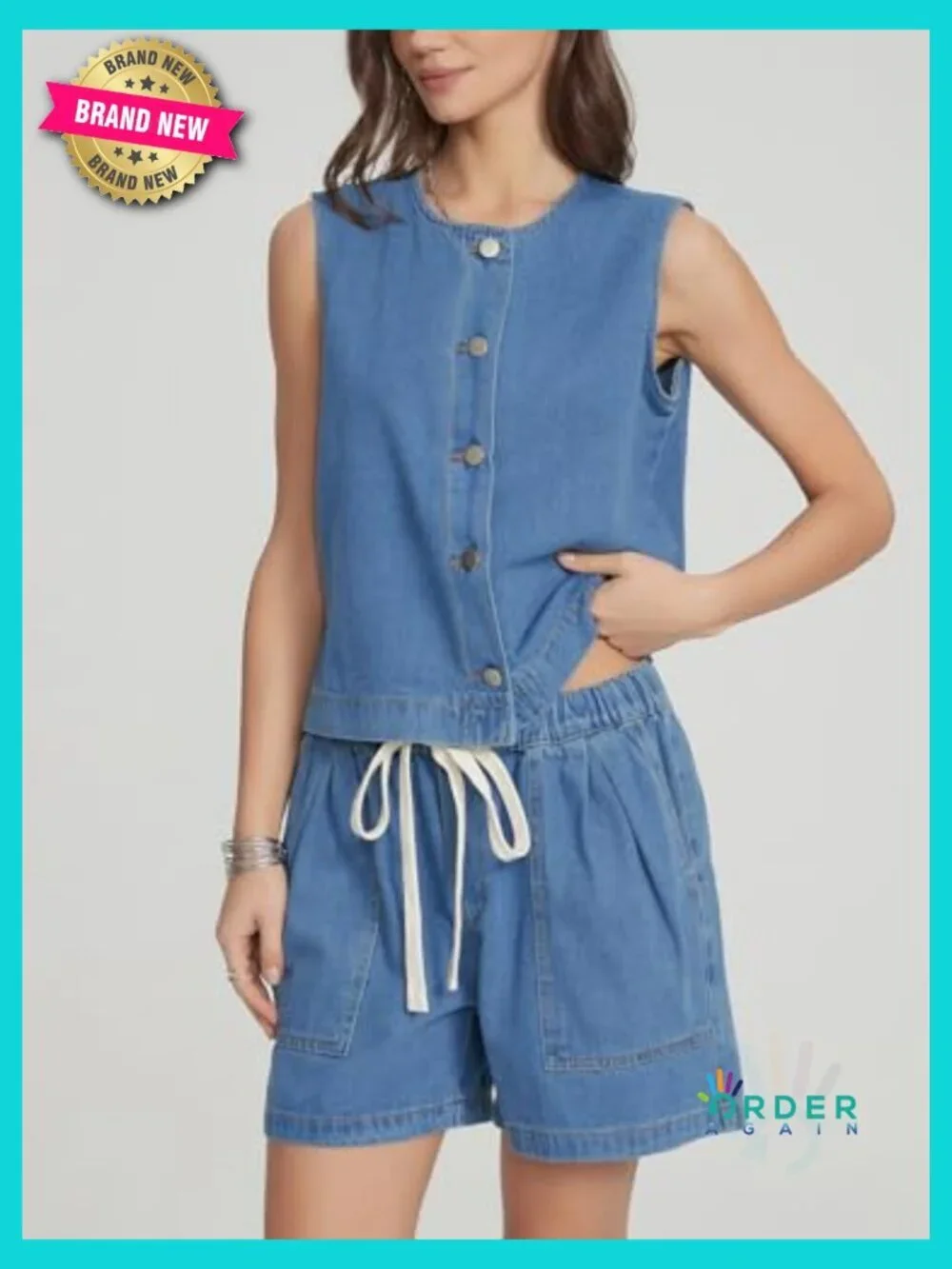 Denim Two Piece Outfits Casual Sleeveless Vest with Elastic Waist Baggy Jean
